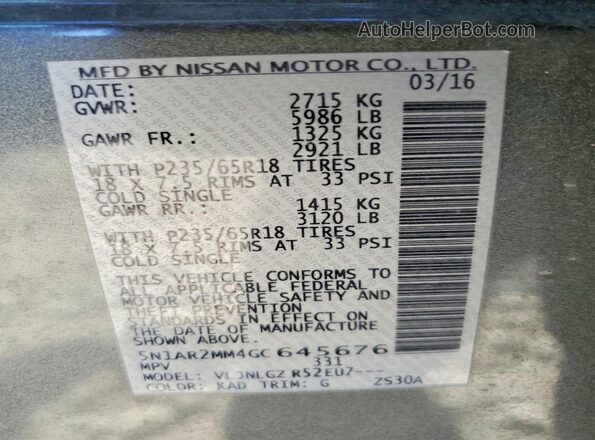 5N1AR2MM4GC645676 2016 NISSAN PATHFINDER Charcoal Engine compartment view