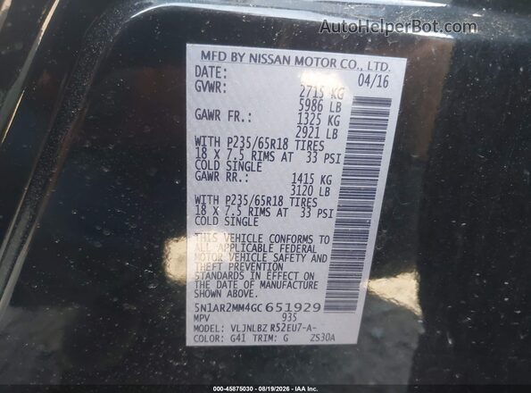 5N1AR2MM4GC651929 2016 NISSAN PATHFINDER Black Widok komory silnika