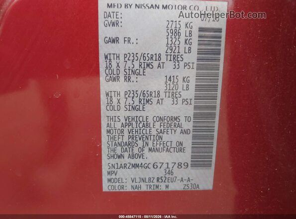 5N1AR2MM4GC671789 2016 NISSAN PATHFINDER Burgundy Vista del compartimento del motor