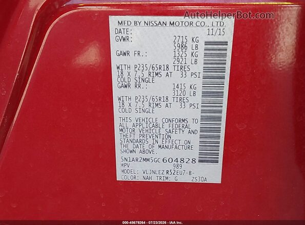 5N1AR2MM5GC604828 2016 NISSAN PATHFINDER Burgundy Շարժիչի բաժամունքի տեսք