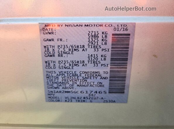 5N1AR2MM5GC617465 2016 NISSAN PATHFINDER Silver VIN კოდის სტიკერის ხედი