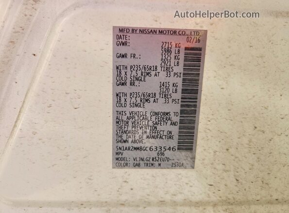 5N1AR2MM8GC633546 2016 NISSAN PATHFINDER White Widok naklejki z numerem VIN