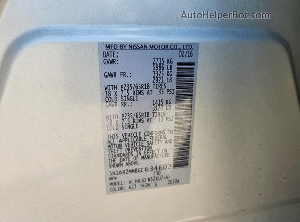 5N1AR2MM8GC634602 2016 NISSAN PATHFINDER Silver Widok naklejki z numerem VIN