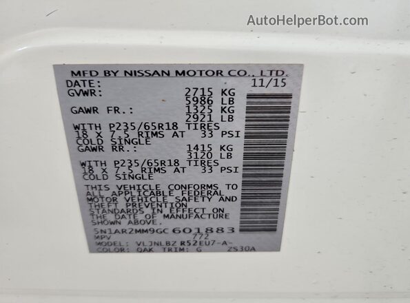 5N1AR2MM9GC601883 2016 NISSAN PATHFINDER White VIN კოდის სტიკერის ხედი