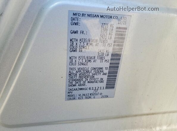 5N1AR2MMXGC611211 2016 NISSAN PATHFINDER Серебряный Вид наклейки с VIN-кодом