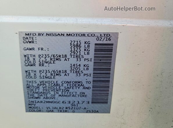 5N1AR2MN0GC632173 2016 NISSAN PATHFINDER White VIN კოდის სტიკერის ხედი