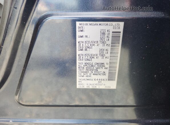 5N1AR2MN0GC644663 2016 NISSAN PATHFINDER Blue Widok naklejki z numerem VIN