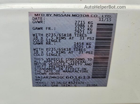 5N1AR2MN1GC601613 2016 NISSAN PATHFINDER Белый Вид наклейки с VIN-кодом