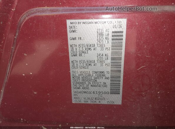 5N1AR2MN1GC619500 2016 NISSAN PATHFINDER Red ძრავის განყოფილების ხედი
