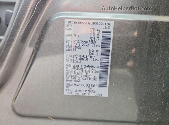 5N1AR2MN2GC601863 2016 NISSAN PATHFINDER Charcoal Widok wnętrza 360 stopni