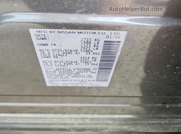 5N1AR2MN2GC616184 2016 NISSAN PATHFINDER Silver Widok naklejki z numerem VIN