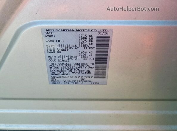 5N1AR2MN3GC622592 2016 NISSAN PATHFINDER Silver Вид наклейки з VIN-кодом