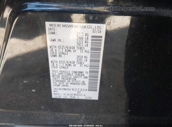 5N1AR2MN3GC627324 2016 NISSAN PATHFINDER Black Widok naklejki z numerem VIN