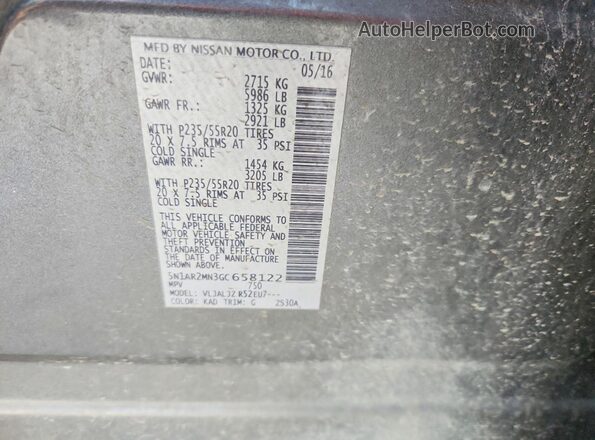 5N1AR2MN3GC658122 2016 NISSAN PATHFINDER Gray VIN sticker view