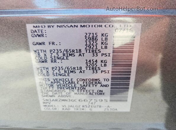 5N1AR2MN3GC667595 2016 NISSAN PATHFINDER Gray Вид наклейки з VIN-кодом