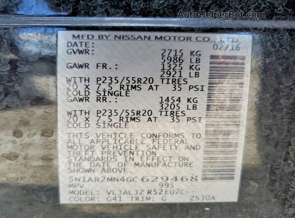 5N1AR2MN4GC629468 2016 NISSAN PATHFINDER Charcoal Widok naklejki z numerem VIN