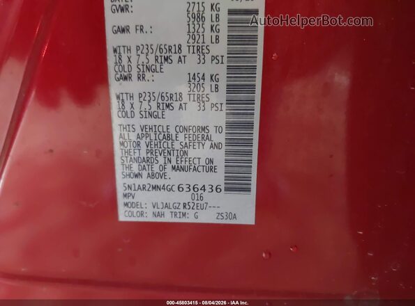 5N1AR2MN4GC636436 2016 NISSAN PATHFINDER Burgundy Вид підкапотного простору