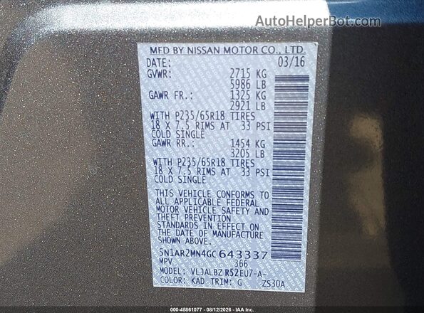 5N1AR2MN4GC643337 2016 NISSAN PATHFINDER Gray ძრავის განყოფილების ხედი