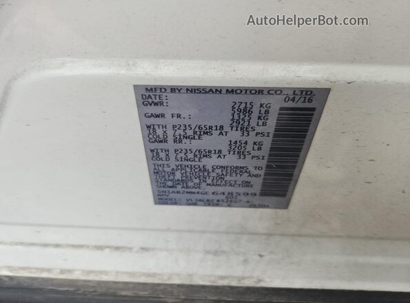 5N1AR2MN4GC648599 2016 NISSAN PATHFINDER Белый Вид наклейки с VIN-кодом