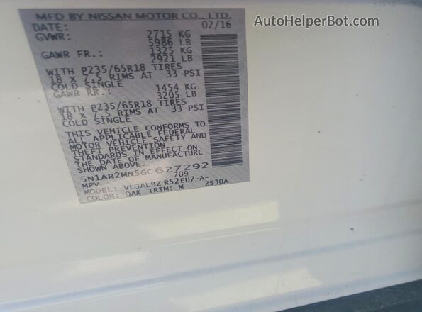 5N1AR2MN5GC627292 2016 NISSAN PATHFINDER White VIN sticker view