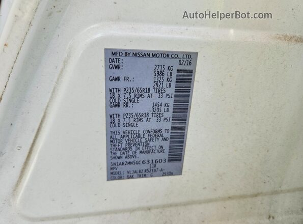 5N1AR2MN5GC631603 2016 NISSAN PATHFINDER Белый Вид наклейки с VIN-кодом