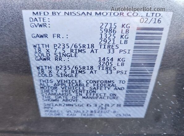 5N1AR2MN5GC632878 2016 NISSAN PATHFINDER Gray VIN კოდის სტიკერის ხედი