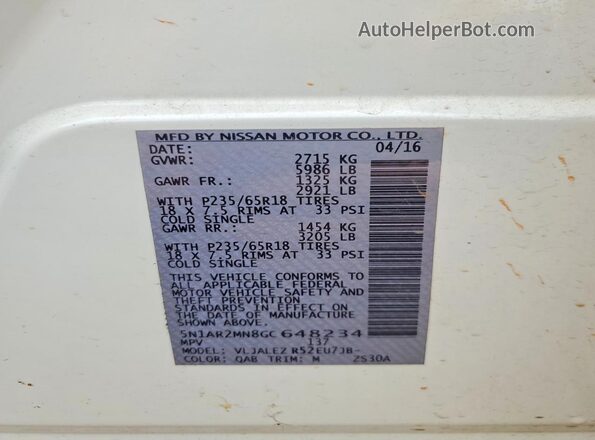 5N1AR2MN8GC648234 2016 NISSAN PATHFINDER White Панорамний вид салону 360°