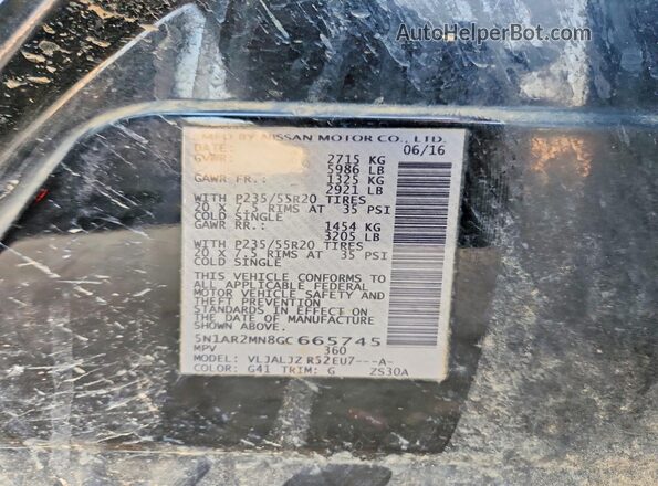 5N1AR2MN8GC665745 2016 NISSAN PATHFINDER Black VIN კოდის სტიკერის ხედი