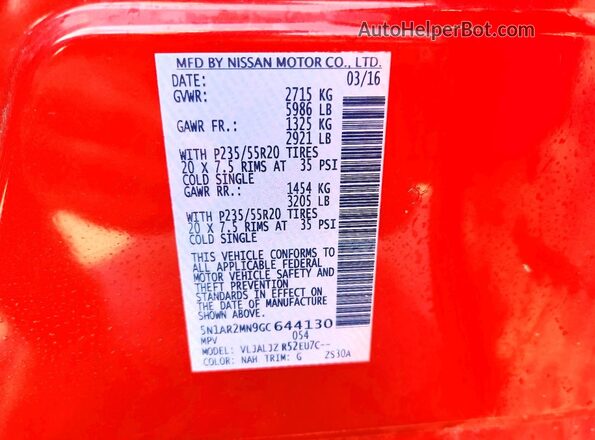 5N1AR2MN9GC644130 2016 NISSAN PATHFINDER Темно-бордовый Панорамный вид салона 360°