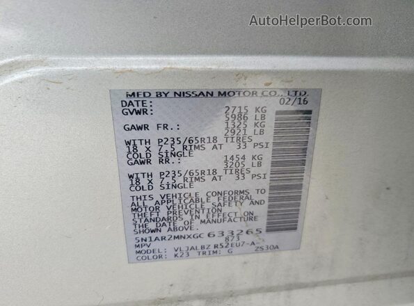 5N1AR2MNXGC633265 2016 NISSAN PATHFINDER Gray ძრავის განყოფილების ხედი