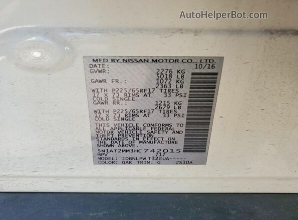 5N1AT2MM3HC742015 2017 NISSAN ROGUE White Vista de la etiqueta del VIN