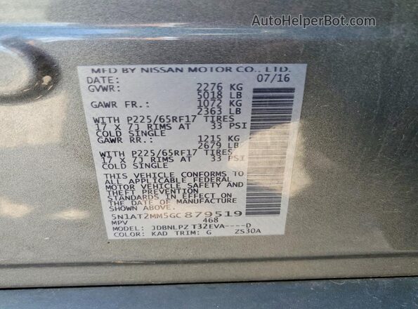 5N1AT2MM5GC879519 2016 NISSAN ROGUE Silver Вид наклейки з VIN-кодом