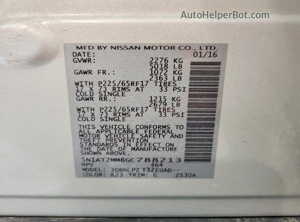 5N1AT2MM8GC788213 2016 NISSAN ROGUE Silver Вид наклейки з VIN-кодом