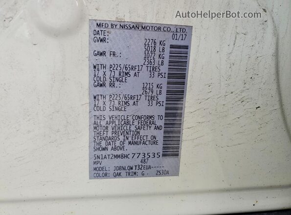 5N1AT2MM8HC773535 2017 NISSAN ROGUE White VIN sticker view