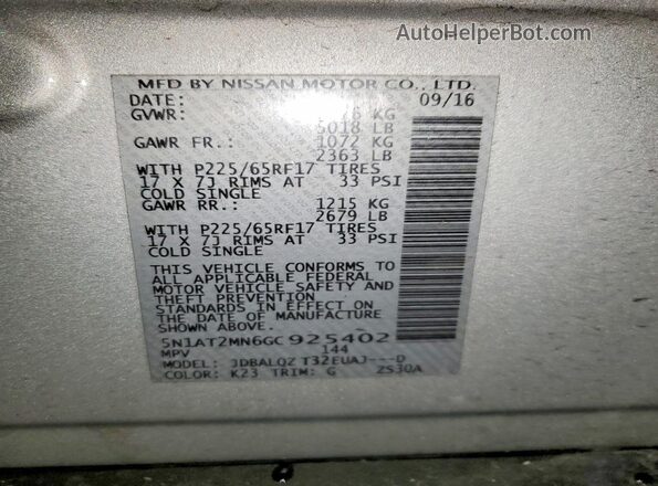5N1AT2MN6GC925402 2016 NISSAN ROGUE Silver Vista de la etiqueta del VIN