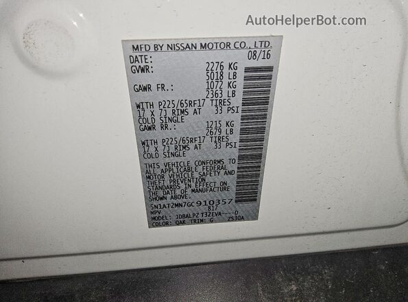 5N1AT2MN7GC910357 2016 NISSAN ROGUE White Вид наклейки з VIN-кодом