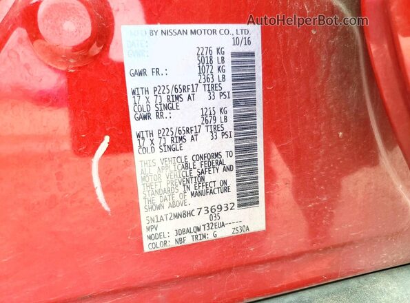 5N1AT2MN8HC736932 2017 NISSAN ROGUE Red Widok naklejki z numerem VIN