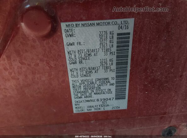5N1AT2MN9GC839047 2016 NISSAN ROGUE Red Շարժիչի բաժամունքի տեսք