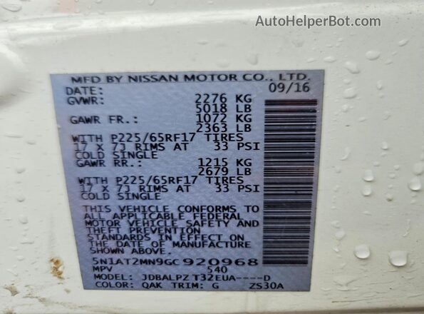 5N1AT2MN9GC920968 2016 NISSAN ROGUE White Widok naklejki z numerem VIN