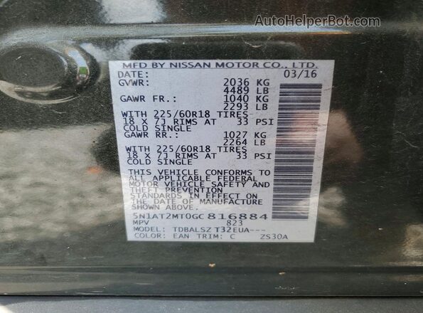 5N1AT2MT0GC816884 2016 NISSAN ROGUE Зеленый Вид наклейки с VIN-кодом