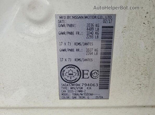 5N1AT2MT0HC794063 2017 NISSAN ROGUE Белый Вид наклейки с VIN-кодом