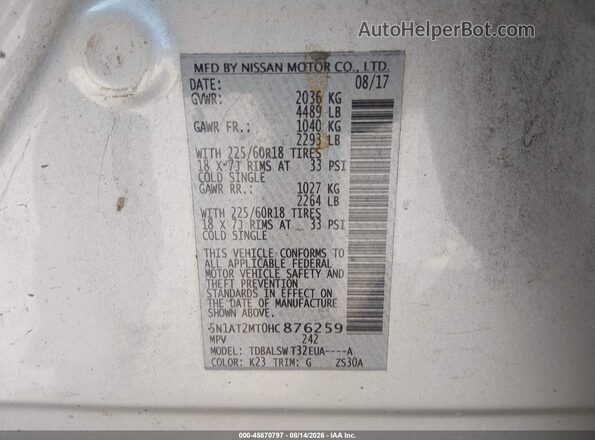 5N1AT2MT0HC876259 2017 NISSAN ROGUE Silver ძრავის განყოფილების ხედი