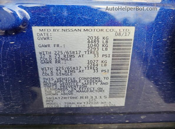 5N1AT2MT0HC883115 2017 NISSAN ROGUE Blue VIN კოდის სტიკერის ხედი