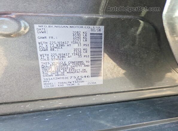 5N1AT2MT0JC752546 2018 NISSAN ROGUE Gray VIN sticker view