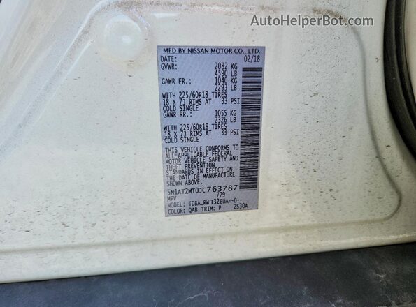 5N1AT2MT0JC763787 2018 NISSAN ROGUE White Vista de la etiqueta del VIN