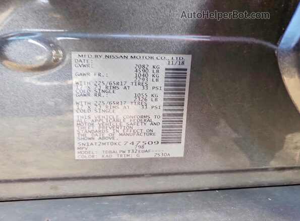 5N1AT2MT0KC747509 2019 NISSAN ROGUE Gray VIN կոդի պիտակի տեսք