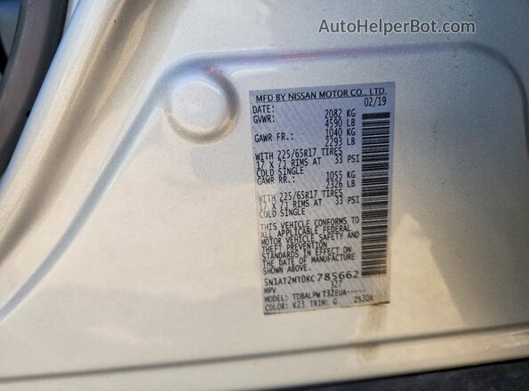 5N1AT2MT0KC785662 2019 NISSAN ROGUE Silver VIN կոդի պիտակի տեսք