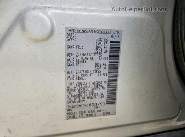 5N1AT2MT0KC800791 2019 NISSAN ROGUE Серебряный Вид наклейки с VIN-кодом