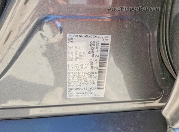 5N1AT2MT0KC832625 2019 NISSAN ROGUE Gray Vista de la etiqueta del VIN