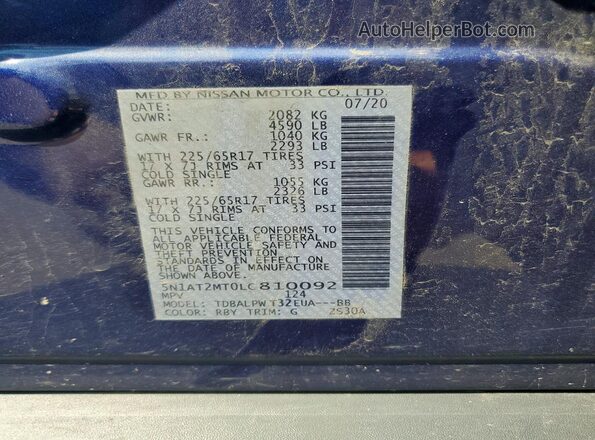 5N1AT2MT0LC810092 2020 NISSAN ROGUE Blue Widok naklejki z numerem VIN